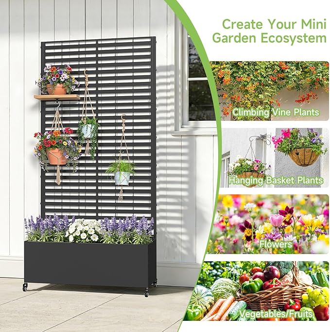 Metal Raised Garden Bed with Trellis and Wheels, 73" x 35" x 16" Planter Box with Trellis with Drainage Holes, Privacy Planters for Patio with Privacy Screen for Climbing Plants Flowers Vegetables