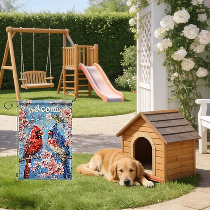Nuxovilar Garden Flag Banner Cardinal Pair & Cherry Blossom Design 12x18in Polyester Garden Flags for Outside Yard Patio