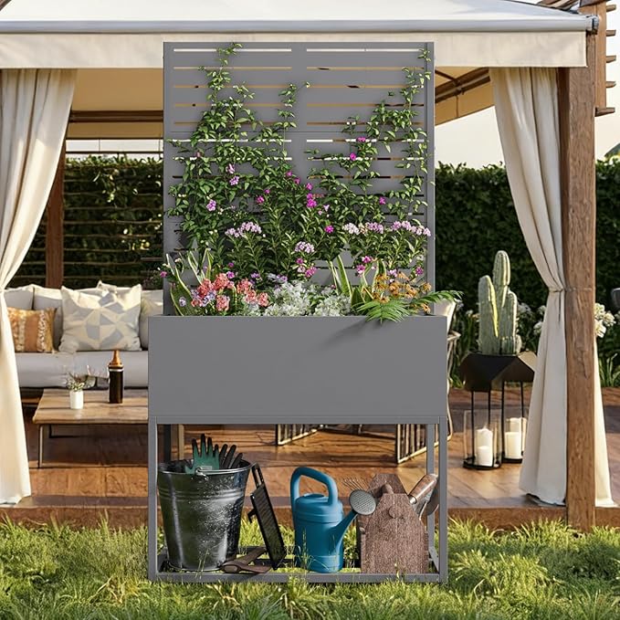Metal Planter Box, Multi-Functional & Easy to Assemble, 67" H x 35" W Raised Garden Bed for Climbing Plants, Elevated Standing Garden Planter with Drainage Holes for Outdoor Patio, Grey