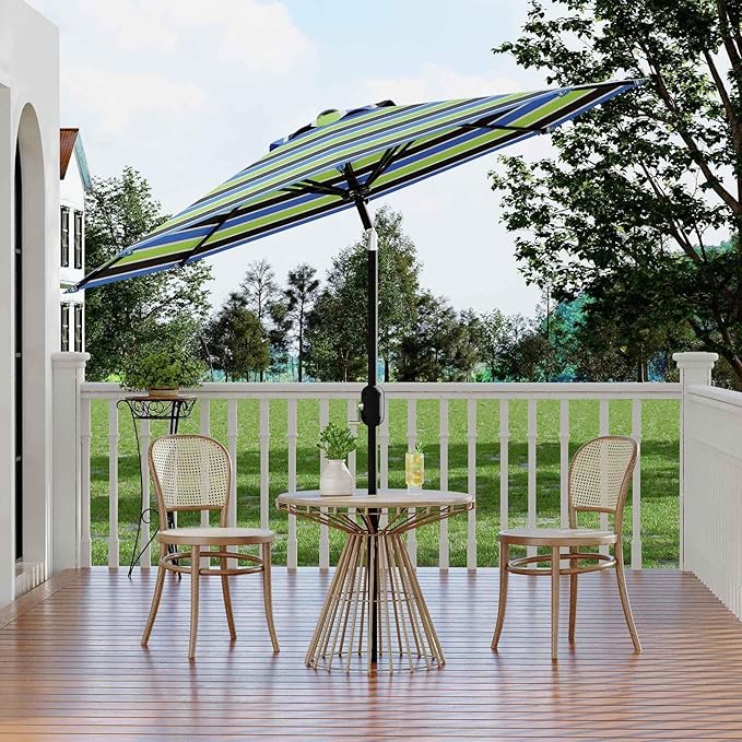 9 ft Patio Umbrella - 8 Sturdy Ribs Outdoor Table Umbrella with Crank Lift & Push Button Tilt - Market Umbrella for Pool, Deck, Yard, Garden - Tricolor Stripe