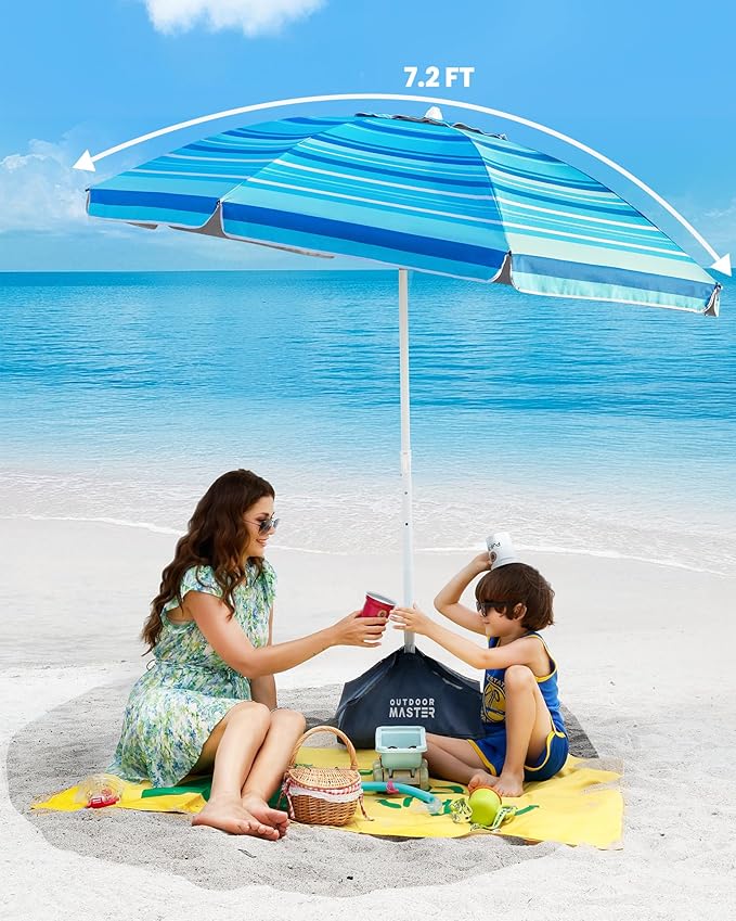 OutdoorMaster Beach Umbrellas for Sand with Sandbag & Anchor, 7.2ft Adjustable Umbrella for Beach Heavy Duty Wind, Portable UPF50+ Sunshade with Carry Bag for Patio