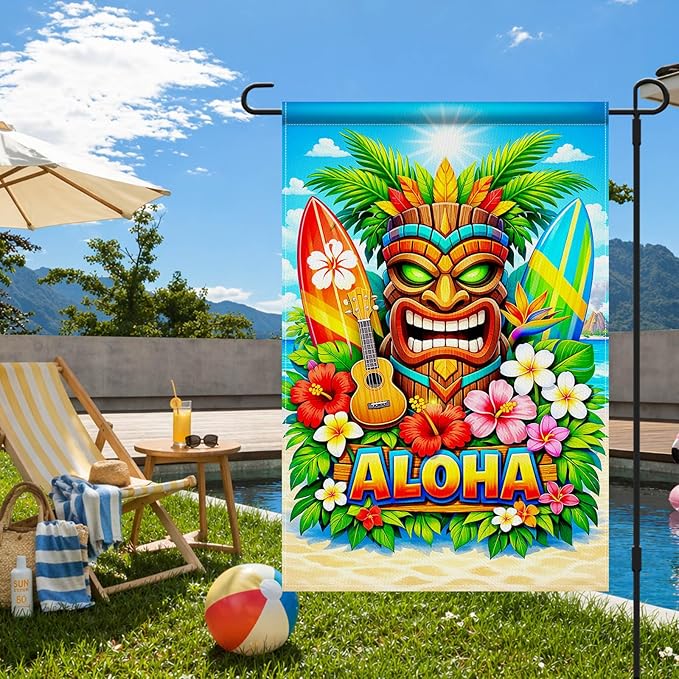 IVN Tropical Tiki Aloha Garden Flag 12x18 Burlap Tiki Mask Palm Leaves Sunshine Beach Ocean Surfboards Hibiscus Flowers Double Sided Summer Outdoor Yard House Flag for Outside Home Front Door Lawn Porch Patio Welcome Summer Decor