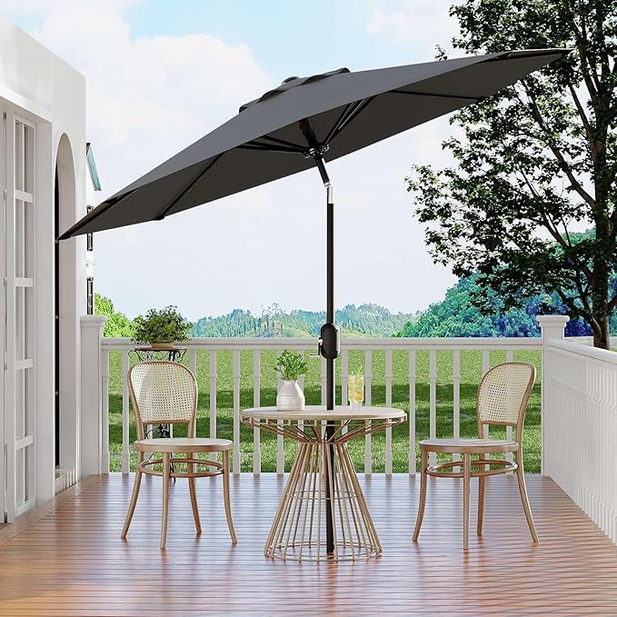 9 ft Patio Umbrella - 8 Sturdy Ribs Outdoor Table Umbrella with Crank Lift & Push Button Tilt - Market Umbrella for Pool, Deck, Yard, Garden - Gray