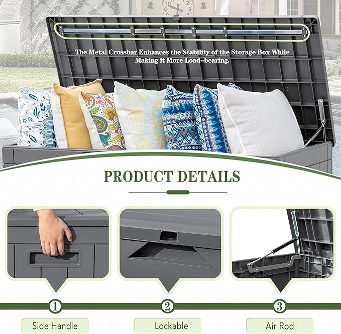 Greesum 100 Gallon Resin Deck Box Large Outdoor Storage, Imitation Rattan Weave Texture for Patio Furniture, Garden Tools, Pool Supplies, Weatherproof and UV Resistant, Lockable, Gray