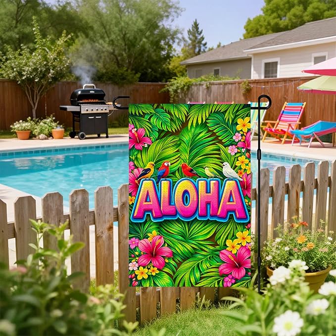 IVN Tropical Birds Aloha Garden Flag 12x18 Burlap Colorful Birds Palm Leaves Hibiscus Flowers Double Sided Summer Outdoor Yard House Flag for Outside Home Front Door Lawn Porch Patio Welcome Summer Decor