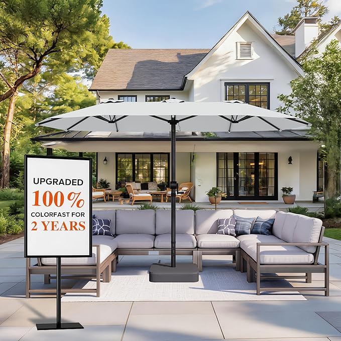 15FT Large Patio Umbrella with Base Included, Outdoor Deck Standing Umbrella with Crank Handle, Double-Side Rectangular Pool Umbrella for Outside, Market, Patio, Light Gray