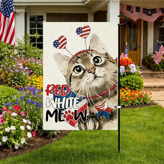 Patriotic 4th Of July American Cute Cat Garden Flag Decorations 12x18 Inch Double Sided Burlap Memorial Day Independence Day Yard American Garden Flags for Outside Decoration Yard Flag