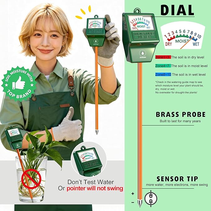 Antonki 2 Pack Soil Moisture Meter, Plant Water Meter for Gardening,Farming, Soil Tester Hygrometer Sensor for Indoor Outdoor House Plants, Flower, Lawn- No Battery Required