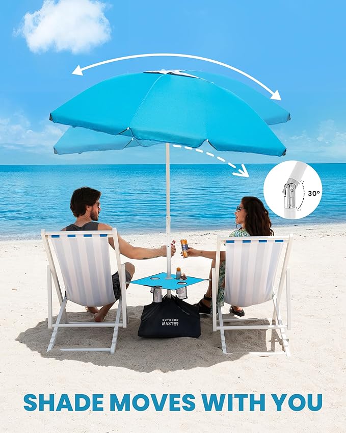 OutdoorMaster Beach Umbrellas for Sand with Sandbag & Anchor, 7.2ft Adjustable Umbrella for Beach Heavy Duty Wind, Portable UPF50+ Sunshade with Carry Bag for Patio