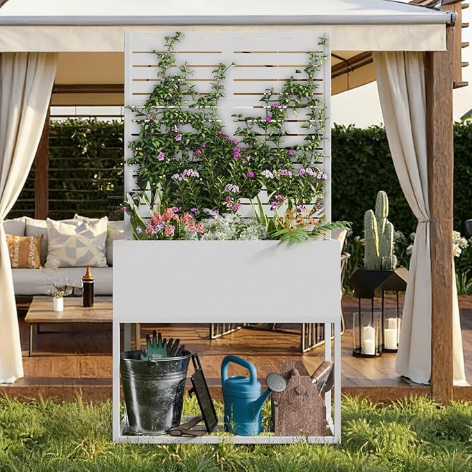 Metal Planter Box, Multi-Functional & Easy to Assemble, 67" H x 35" W Raised Garden Bed for Climbing Plants, Elevated Standing Garden Planter with Drainage Holes for Outdoor Patio, White
