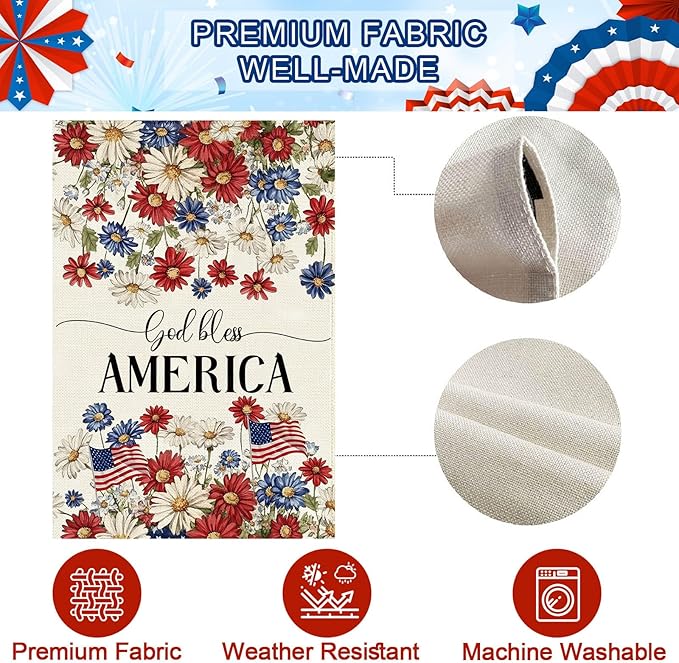 Baccessor Patriotic House Flag 28 X 40 Inch, Double Sided Burlap 4th of July Memorial Day Flowers Welcome Large Yard Flag for Porch Patio Summer Holiday Outdoor Outside Decor