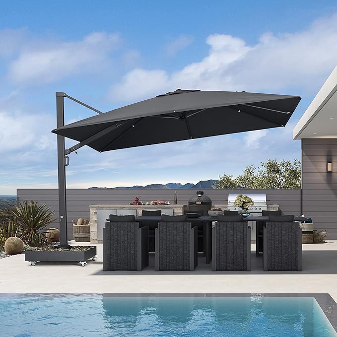 PURPLE LEAF 12' X 9' Rectangle Patio Umbrella Large Outdoor Aluminum Offset Umbrella with 360-degree Rotation Cantilever Umbrella for Garden Deck Backyard Pool Grey