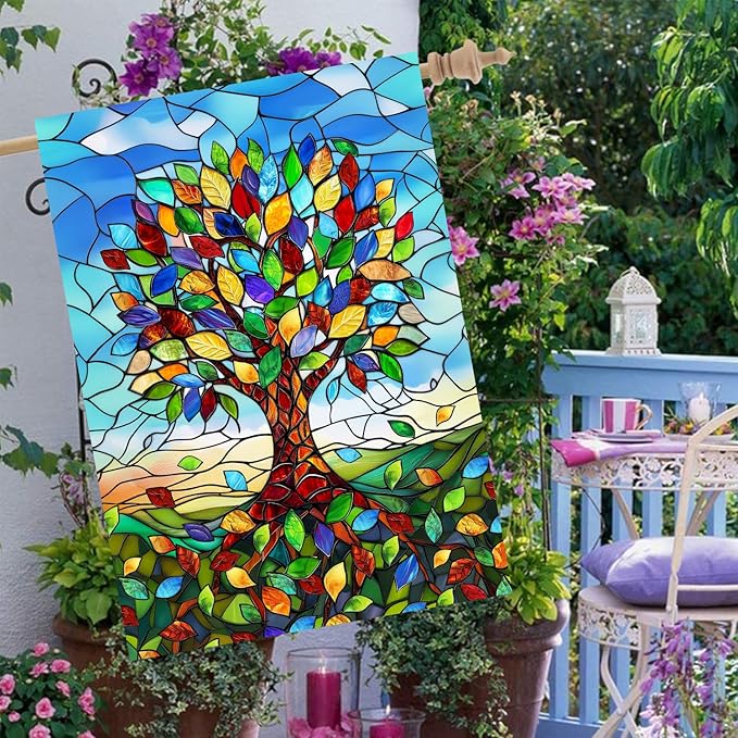 Stained Glass Tree Life House Flag 28 x 40 Double Sided for Outside Large Seasonal Garden Flags Spring Summer Fall Banner Outdoor Lawn Decoration
