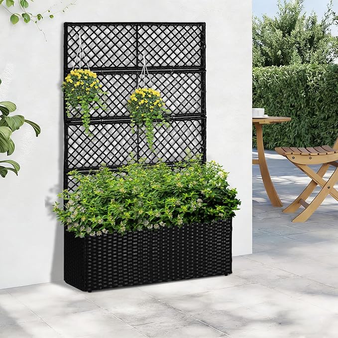 SUNNYPARK 52’’ H Garden Planter Box with Trellis Outdoor for Vine Climbing Plants, Flowers Handwoven Rattan Garden Bed with Removable Liners for Backyard Patio Balcony