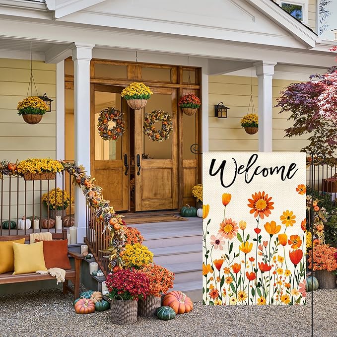 AVOIN colorlife Fall Flowers Welcome Garden Flag 12x18 Inch Double Sided, Seasonal Floral Autumn Rustic Harvest Yard Outdoor Decoration