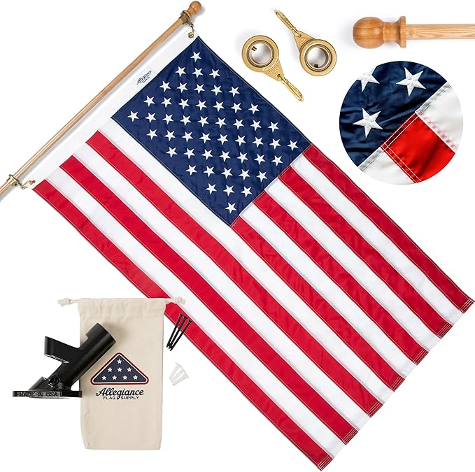 Allegiance Flags Made in USA American Flag Set For Outside 3x5 Ft | Premium US Flag with American-Sourced 200D Nylon, Embroidered Stars, Hand-Sewn Stripes | Heavy Duty All-Weather & Fade Resistant