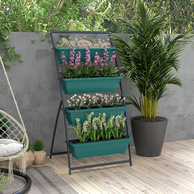 Outdoor Vertical Garden Planter, 4 Tier Balcony Garden Raised Bed Box with Stacking Planters and Self Draining Design, Patio Tower for Vegetables Flowers & Herbs