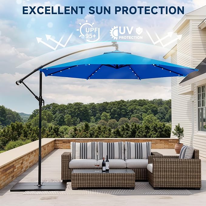 10FT 40-LED Solar Lighted Patio Umbrella, Outdoor Offset Cantilever Umbrella, Crank and Cross Bar, Infinite Tilt, UV Protection for Backyard, Lawn, Garden & Pool