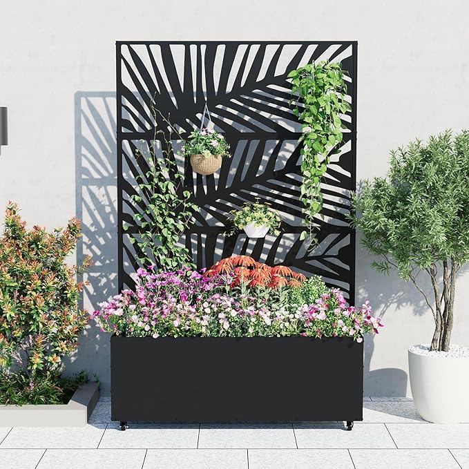 Garvee Metal Raised Garden Bed with Trellis and Wheels, 71"x47"x16" Metal Planter Box with Trellis Privacy Screen for Climbing Plants, Vegetable, Vines, Drainage Holes, 15.8" Deep Planting Bed,Black
