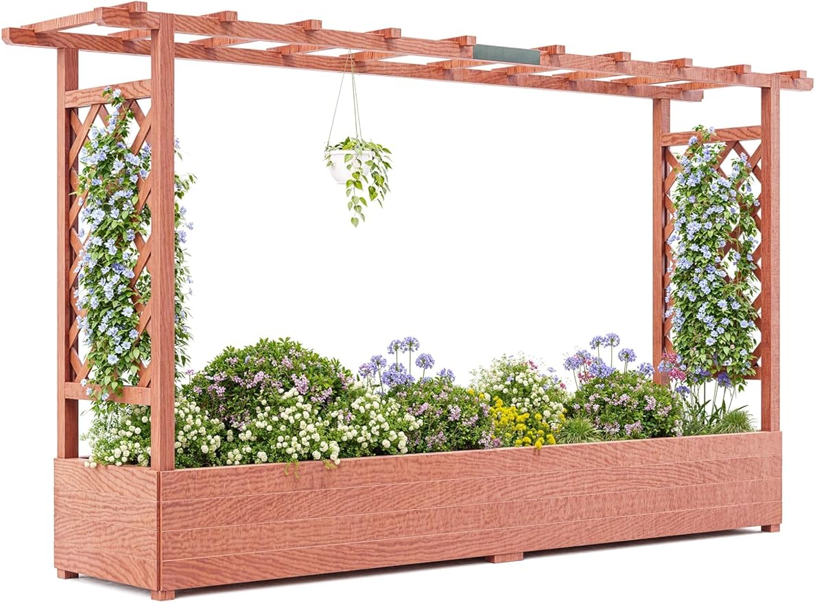 GarveeLife Raised Garden Bed with Trellis, 45 in Wood Planter Box with Side Trellis, Hanging Roof, and 4 Drainage Holes, Freestanding Elevated Garden Bed for Climbing Plants, Vines, Flowers