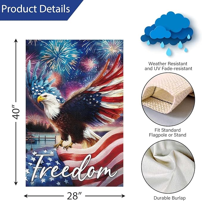 Louise Maelys 4th of July Garden Flag Freedom Bald Eagle Independence Day 28x40 Inch Double Sided Welcome Stars and Stripes Large Burlap Yard Sign Outside Outdoor House Decor
