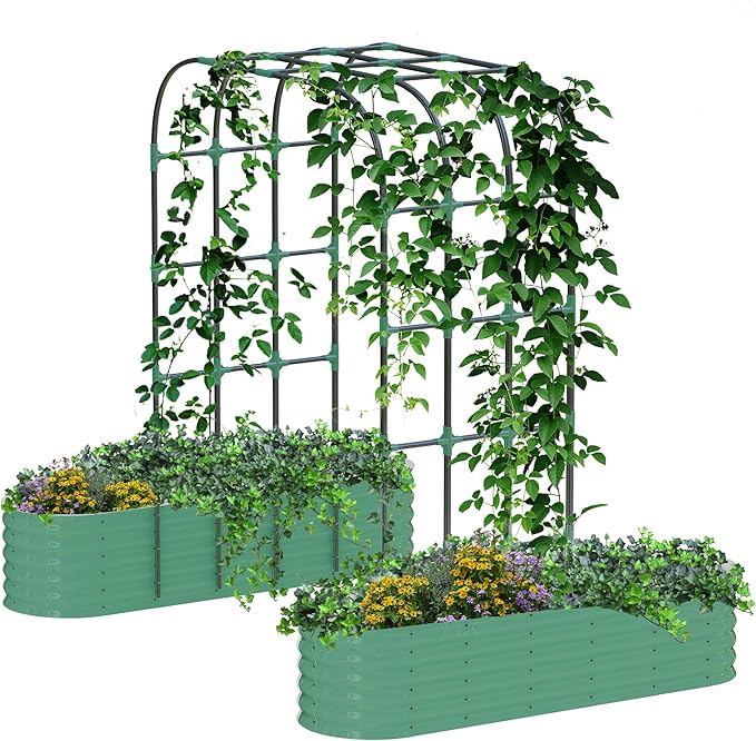 Galvanized Raised Garden Bed with 96 in Tall Vertical Arch Trellis – Expandable Rust-Resistant Planter Box for Outdoor Plants, Flowers, Herbs & Vines – Includes Plant Clips, Drainage Netting,Green