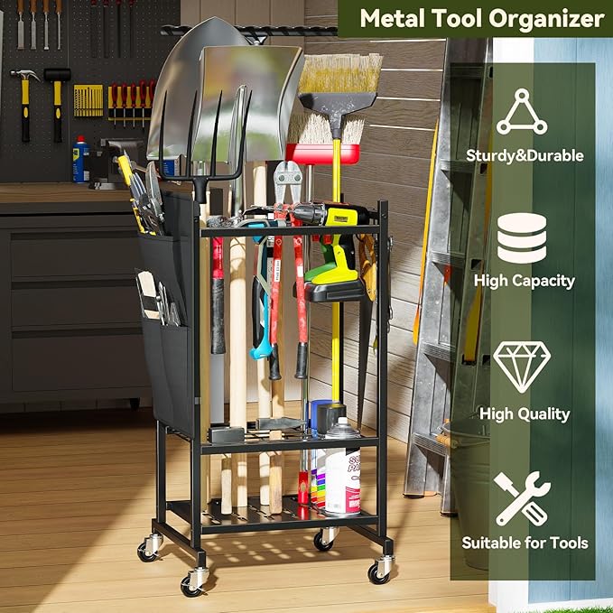 Garden Tool Organizer, Heavy Duty Yard Tool Holder Rack with Hooks and Pockets, Rolling Metal Garage Tool Storage Cart for Outdoor, Black