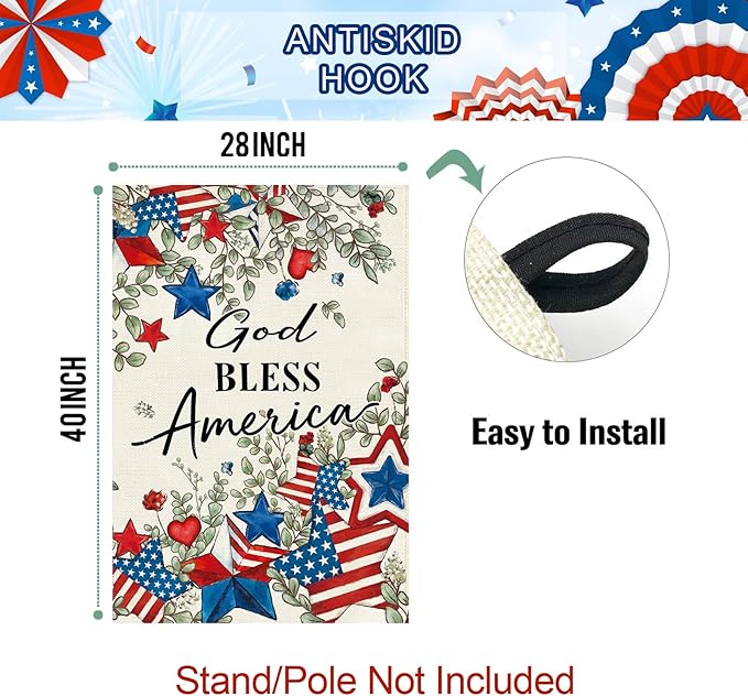 Baccessor Patriotic House Flag 28 X 40 Inch, Double Sided Burlap 4th of July Memorial Day Stars Floral Welcome Large Yard Flag for Porch Patio Seasonal Holiday Outdoor Outside Decor