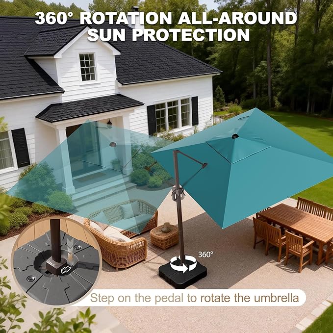 9' X 12' Cantilever Patio Umbrella Rectangle Outdoor Umbrella with Base Included, 6-Level Tilt & 360° Rotation Offset Umbrella for Garden, Deck, Pool (Turquoise)