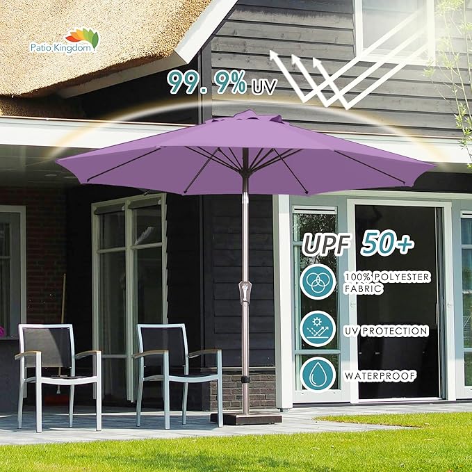 PatioKingdom 9FT Patio Outdoor Umbrella-UPF 50+ Sun Shade with Wind Vent, Push-Button Tilt & Smooth Crank Lift, Rust-Resistant Fiberglass Frame for Garden, Backyard,Yard