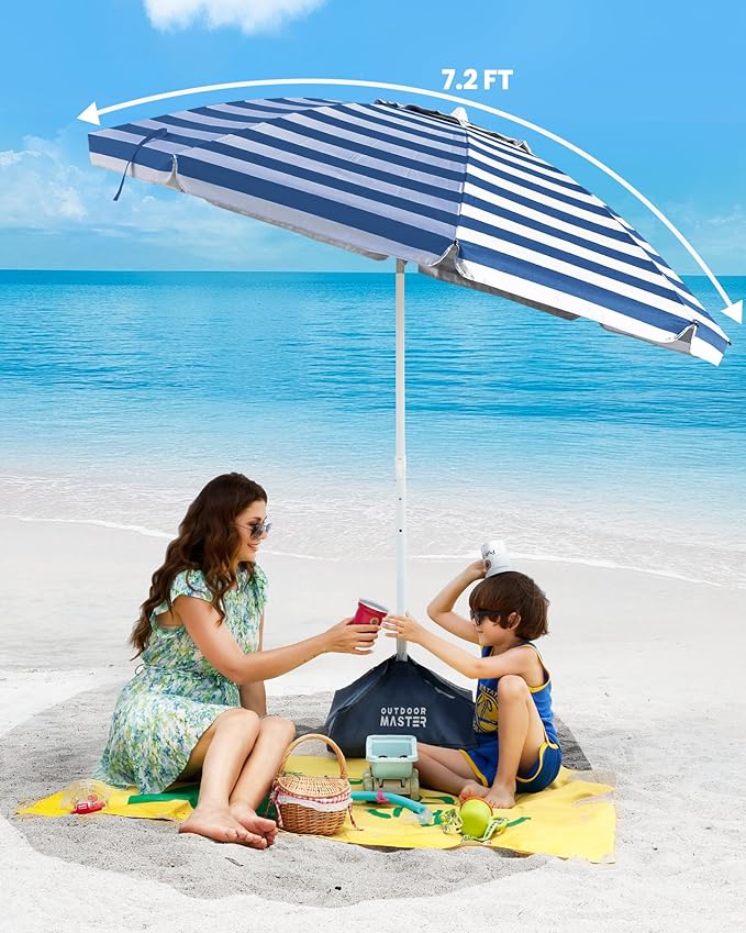 OutdoorMaster Beach Umbrellas for Sand with Sandbag & Anchor, 7.2ft Adjustable Umbrella for Beach Heavy Duty Wind, Portable UPF50+ Sunshade with Carry Bag for Patio