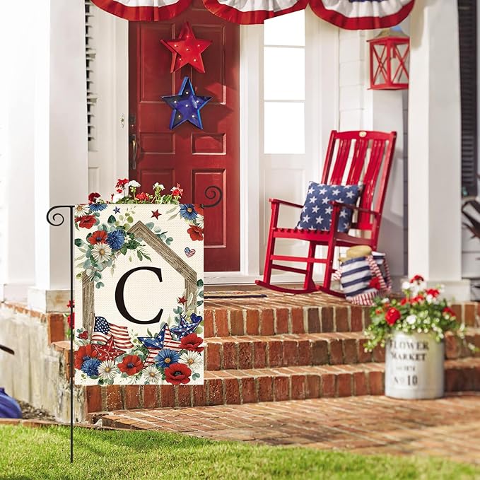 AVOIN colorlife Initial Letter C Monogram Patriotic Garden Flag 12x18 Inch Double Sided Outside, 4th of July Memorial Day Floral Family Last Name Yard Outdoor Decoration