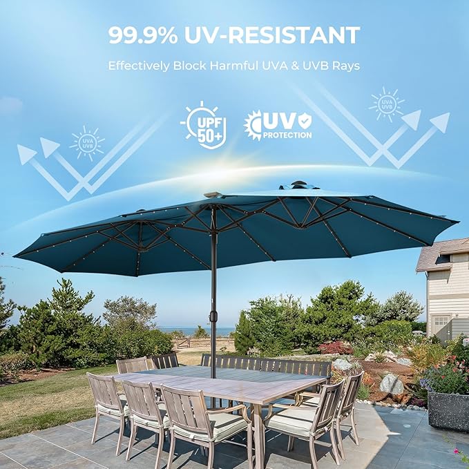 Double Sided Patio Umbrellas - 15ft Solar Lights LED Lighted Outdoor Extra Large Market Table Umbrella with Base Included, Oversized Umbrella for Deck, Pool, Backyard