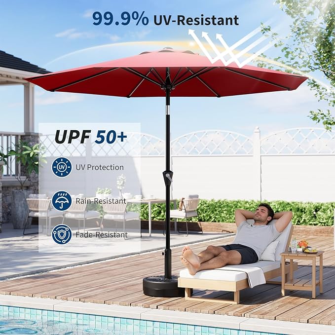 GarveeLife 9FT Umbrella Outdoor Patio, Table Umbrella with Push Button Tilt and Crank, 8 Sturdy Ribs Waterproof UV Protection for Garden, Pool, Deck, Backyard, Market (Red)