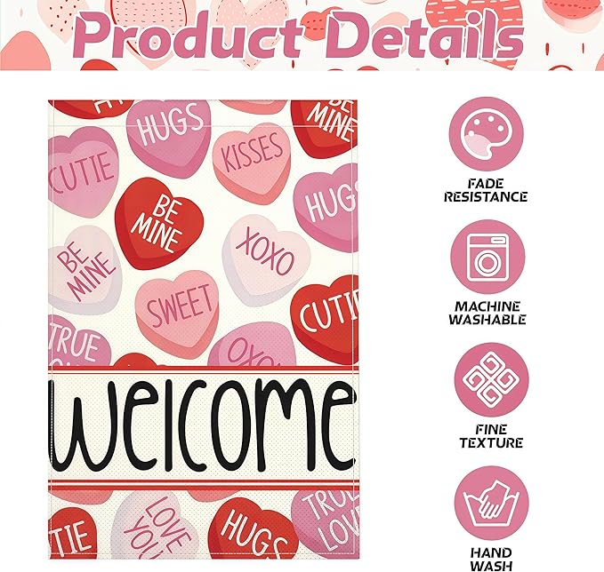 Valentines Day Garden Flag, 12x18 Inch Double Sided Pink Red Love Hearts Welcome Design Hearts Rustic Anniversary Wedding Decor Indoor Outdoor Yard Flag Decoration