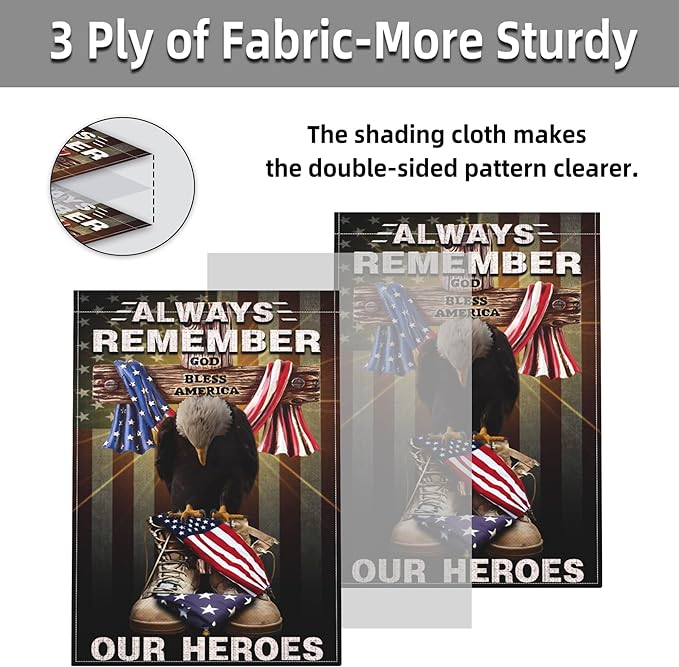 Memorial Day Garden Flag 12x18 Inch Always Remember Our Heroes Garden Flag 4th of July Independence Day Veterans Day Flag 3ply Polyester Double Sided for Outdoor House Yard Patriotic Holiday Decor