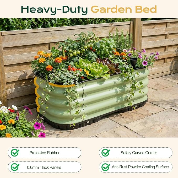Aoodor Galvanized Raised Garden Bed 31.5'' Self-Watering Planter Box with Drainage Plug and Water Reservoir for Indoor & Outdoor Gardening, Self-Watering Pot for Balcony, Patio, Backyard, Green