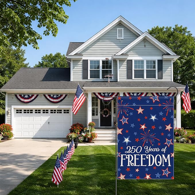4th of July Garden Flag, 250 Anniversary USA Flag Patriotic America Memorial Day Blue Red Yard Decorations Outside Stars 250 Years of Freedom Fourth of July Garden Flag Double Sided Waterproof 12x18 Inch