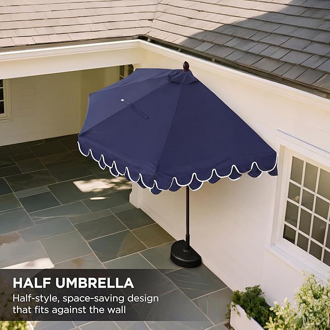 JONATHAN Y UMB1202B Terrace Arc 9 ft. Classic MidCentury Scalloped Fringe Market Patio Half Umbrella with Crank, Tilt Button and UV Protection in Navy/White, Dark Brown Pole
