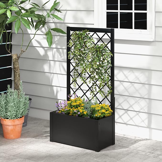 Giantex Raised Garden Bed with Trellis, 44" Metal Vertical Planter with Garden Trellis, Diamond Lattice for Vine Plant Flower Climbing, Indoor & Outdoor Use for Yard Garden Balcony