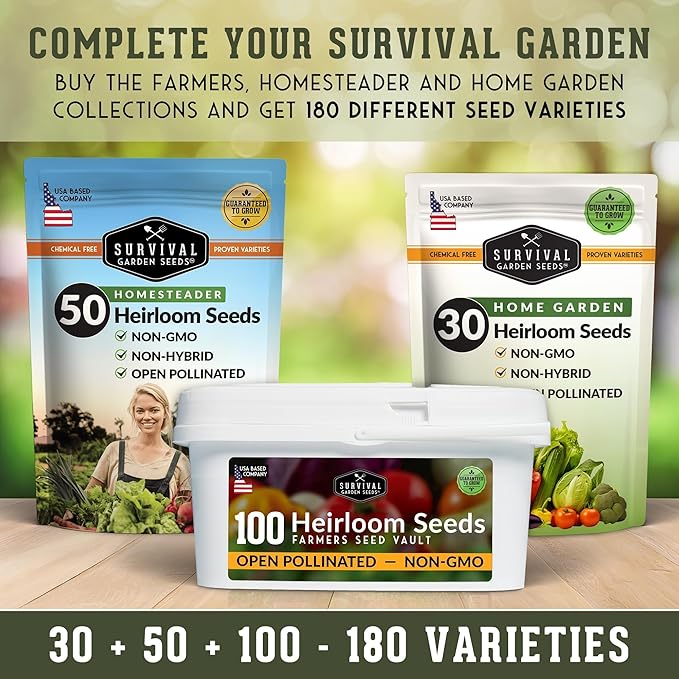Survival Seed Vault Kit – 100 Packs of Heirloom Vegetable Seeds for Planting – Non-GMO Vegetables, Fruits, Herbs – Farmer Kit to Grow Food for Long-Term Emergency Storage – Survival Garden Seeds