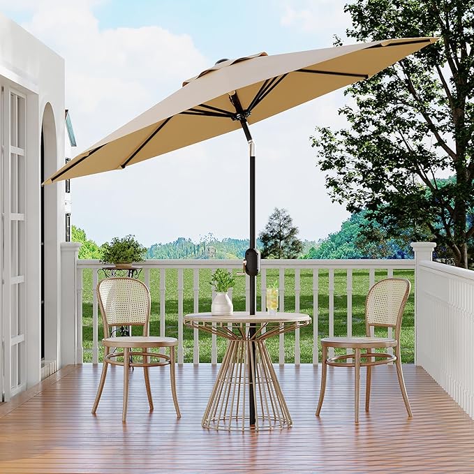 GarveeLife 9FT Patio Umbrella Outdoor, Table Umbrella with Push Button Tilt and Crank, 8 Sturdy Ribs UV Protection Waterproof for Garden, Pool, Market, Deck (Tan)
