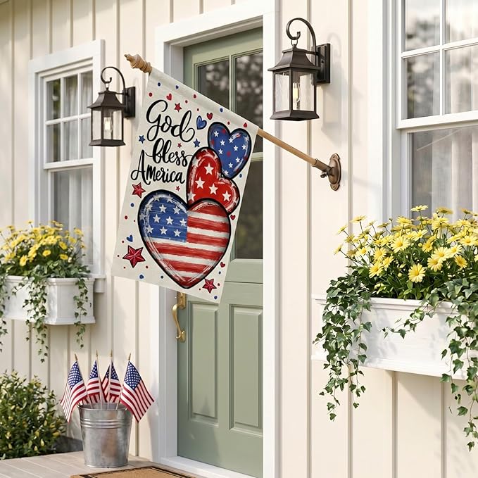 CROWNED BEAUTY 4th of July Patriotic Hearts House Flag Large 28x40 Inch Double Sided God Bless America for Independence Day Outside Yard Decor