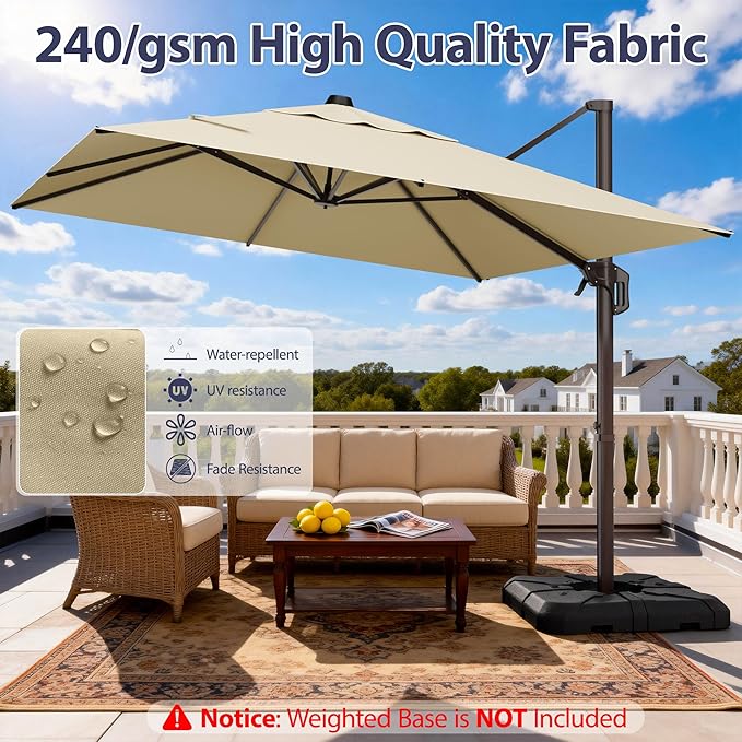 9' X 12' Cantilever Patio Umbrella Rectangle Outdoor Umbrella, 6-Level Tilt & 360° Rotation Offset Umbrella for Garden, Deck, Pool (Beige)