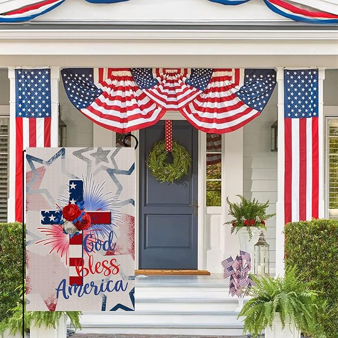 God Bless America Stars and Stripes Garden Flag, Memorial Day 4th of July Patriotic Lily Cross Yard Outdoor Decoration 12x18 Inch Double Sided