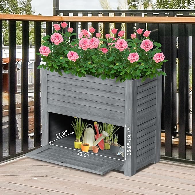Raised Garden Bed with Extra Storage Compartments Outdoor, 34" x 18" x 30" Wood Elevated Garden Box Wooden Planter Box for Herbs, Vegetables, Flowers Backyard, Patio, Balcony