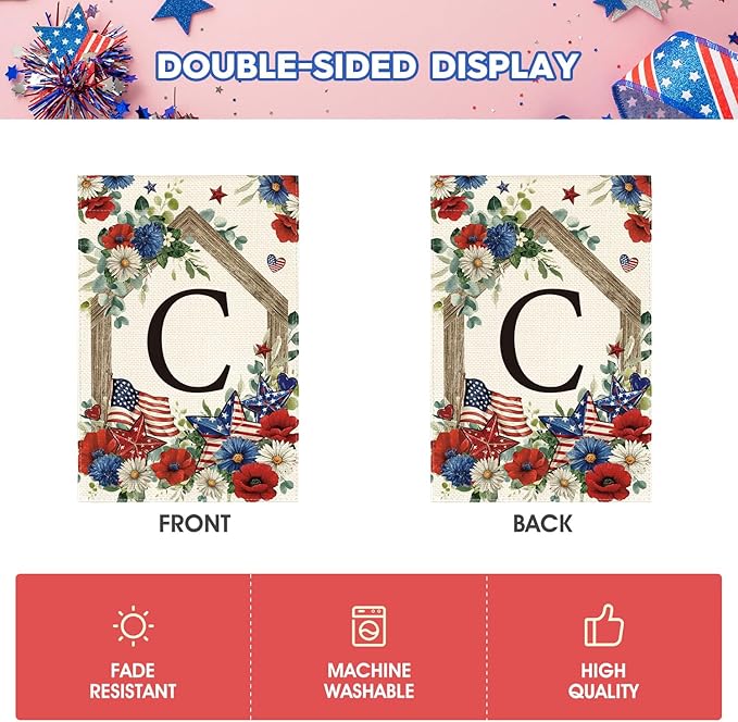 AVOIN colorlife Initial Letter C Monogram Patriotic Garden Flag 12x18 Inch Double Sided Outside, 4th of July Memorial Day Floral Family Last Name Yard Outdoor Decoration
