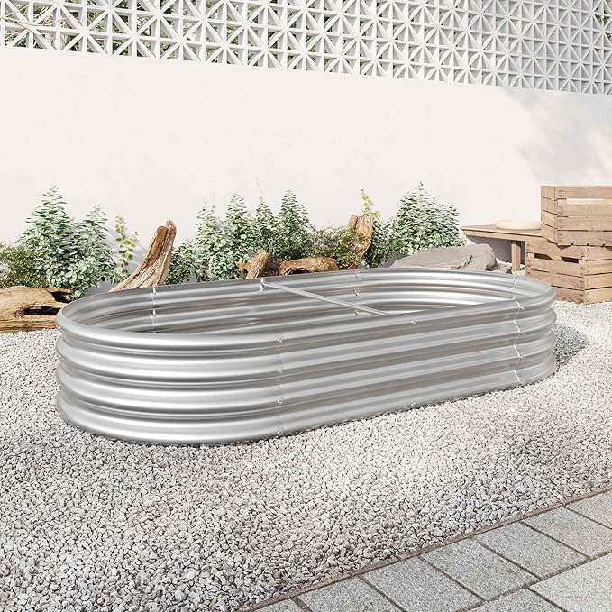 Raised Garden Beds Outdoor, Oval Large Galvanized Metal Planter Box with Kit, Above Ground Garden Bed for Vegetables Fruits and Flowers (Silver, 6×3×1)