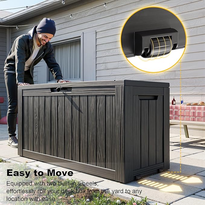 ROJIK Outdoor Storage Box with Wheels,75 Gallon Waterproof Resin Deck Box, Lockable Storage for Patio Cushions,Garden Tools,Pool Accessories,UV-Resistant Storage Bench for Backyard & Deck（Black）