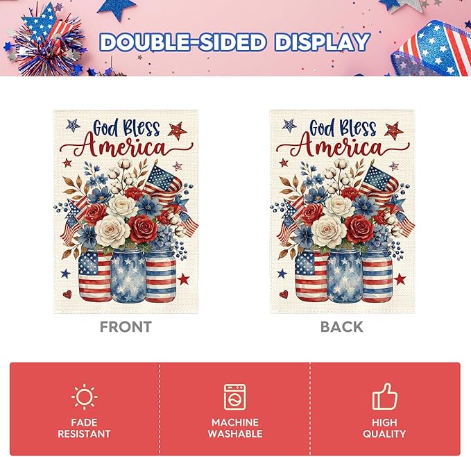 AVOIN colorlife God Bless America Mason Jar Patriotic House Flag 28x40 Inch Double Sided Outside, 4th of July Memorial Day Stars and Stripes Floral Yard Outdoor Decoration